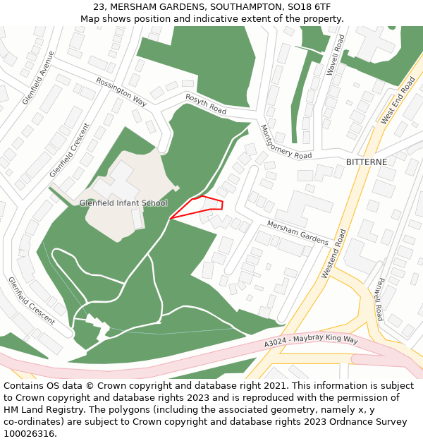 23, MERSHAM GARDENS, SOUTHAMPTON, SO18 6TF: Location map and indicative extent of plot