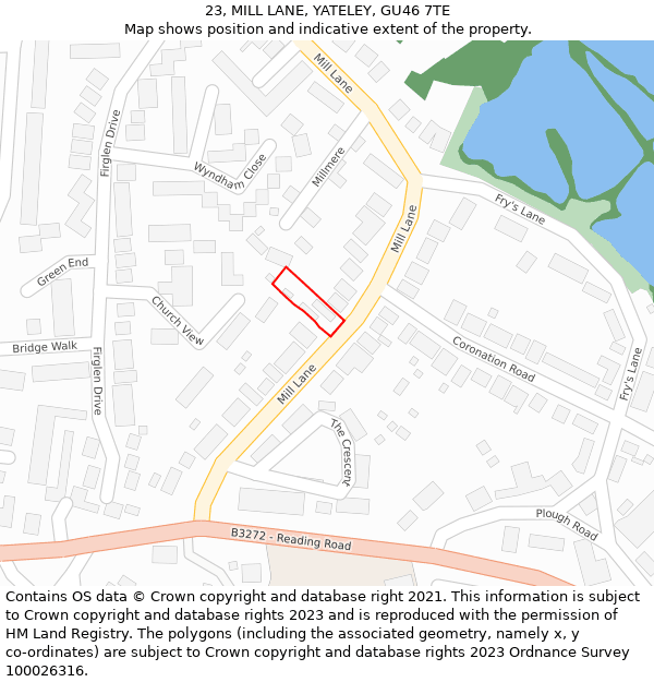 23, MILL LANE, YATELEY, GU46 7TE: Location map and indicative extent of plot