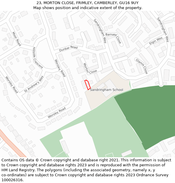 23, MORTON CLOSE, FRIMLEY, CAMBERLEY, GU16 9UY: Location map and indicative extent of plot