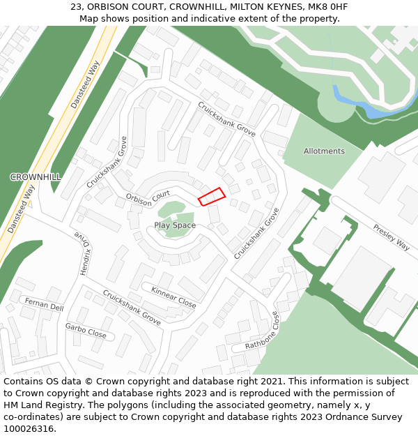 23, ORBISON COURT, CROWNHILL, MILTON KEYNES, MK8 0HF: Location map and indicative extent of plot