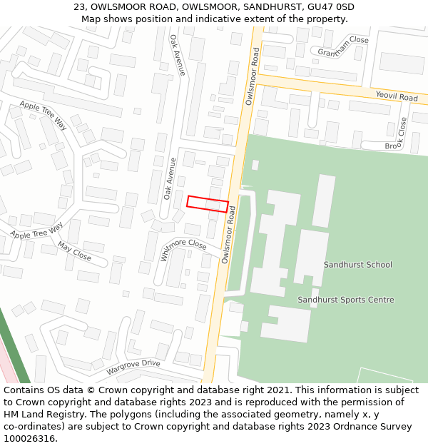 23, OWLSMOOR ROAD, OWLSMOOR, SANDHURST, GU47 0SD: Location map and indicative extent of plot