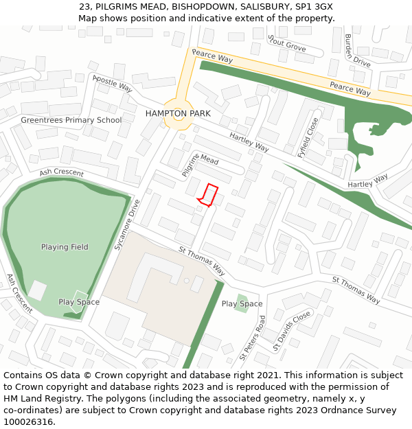 23, PILGRIMS MEAD, BISHOPDOWN, SALISBURY, SP1 3GX: Location map and indicative extent of plot