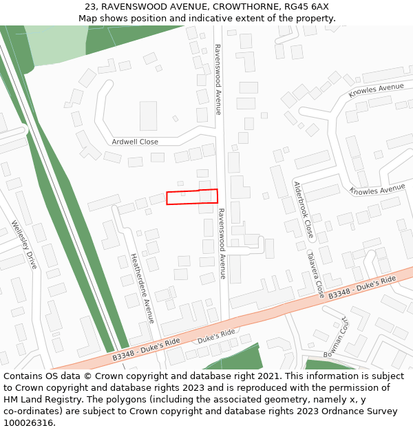 23, RAVENSWOOD AVENUE, CROWTHORNE, RG45 6AX: Location map and indicative extent of plot