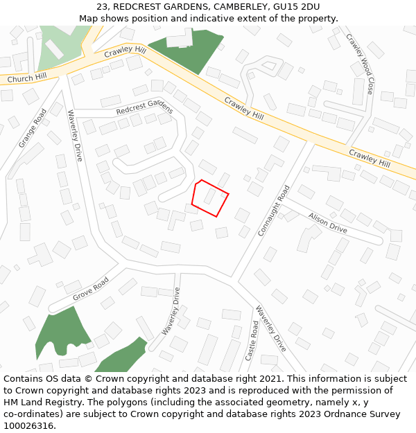 23, REDCREST GARDENS, CAMBERLEY, GU15 2DU: Location map and indicative extent of plot