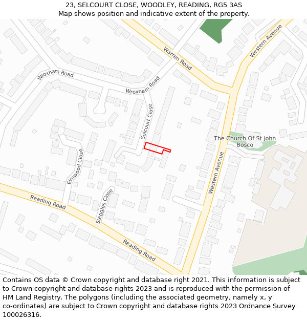 23, SELCOURT CLOSE, WOODLEY, READING, RG5 3AS: Location map and indicative extent of plot