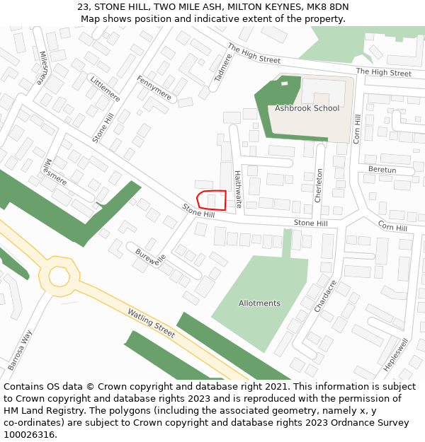 23, STONE HILL, TWO MILE ASH, MILTON KEYNES, MK8 8DN: Location map and indicative extent of plot