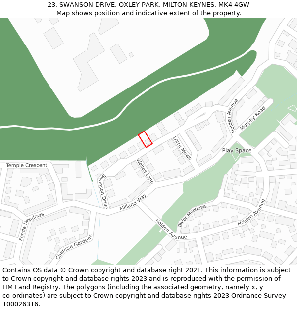 23, SWANSON DRIVE, OXLEY PARK, MILTON KEYNES, MK4 4GW: Location map and indicative extent of plot