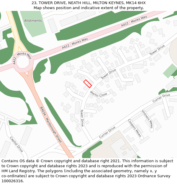 23, TOWER DRIVE, NEATH HILL, MILTON KEYNES, MK14 6HX: Location map and indicative extent of plot