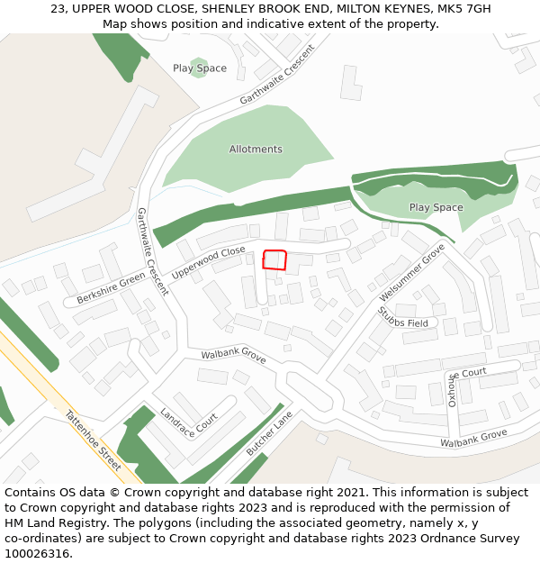23, UPPER WOOD CLOSE, SHENLEY BROOK END, MILTON KEYNES, MK5 7GH: Location map and indicative extent of plot