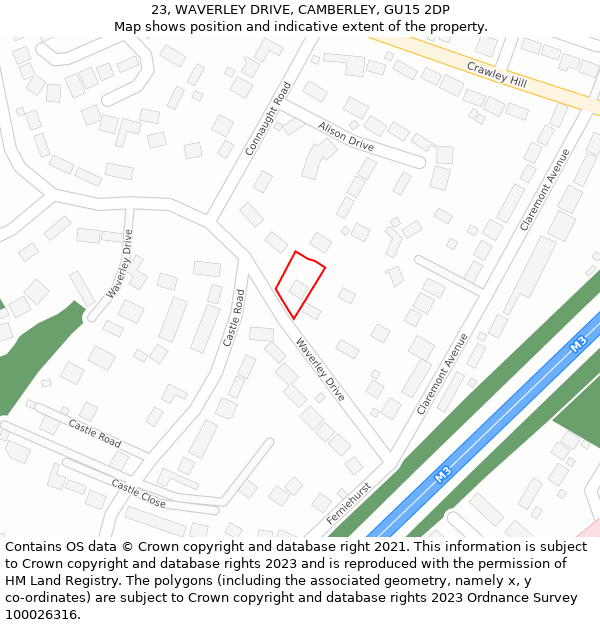 23, WAVERLEY DRIVE, CAMBERLEY, GU15 2DP: Location map and indicative extent of plot