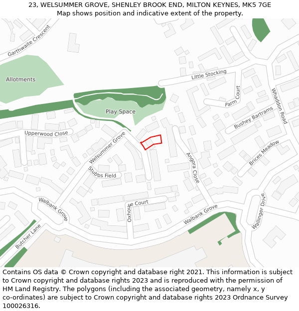 23, WELSUMMER GROVE, SHENLEY BROOK END, MILTON KEYNES, MK5 7GE: Location map and indicative extent of plot