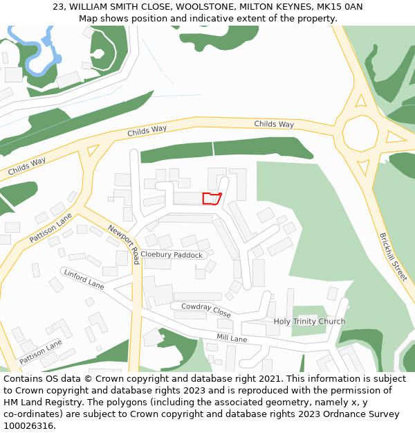 23, WILLIAM SMITH CLOSE, WOOLSTONE, MILTON KEYNES, MK15 0AN: Location map and indicative extent of plot