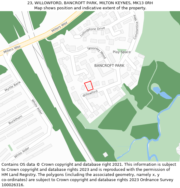 23, WILLOWFORD, BANCROFT PARK, MILTON KEYNES, MK13 0RH: Location map and indicative extent of plot