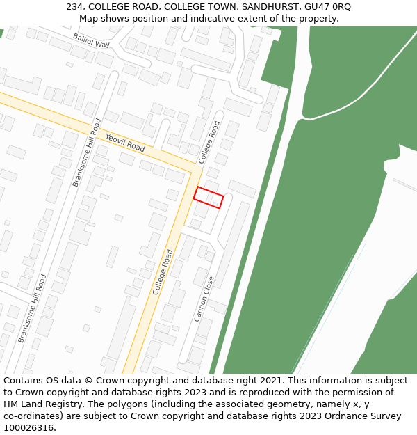 234, COLLEGE ROAD, COLLEGE TOWN, SANDHURST, GU47 0RQ: Location map and indicative extent of plot