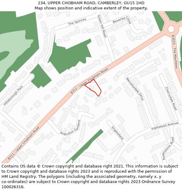 234, UPPER CHOBHAM ROAD, CAMBERLEY, GU15 1HD: Location map and indicative extent of plot