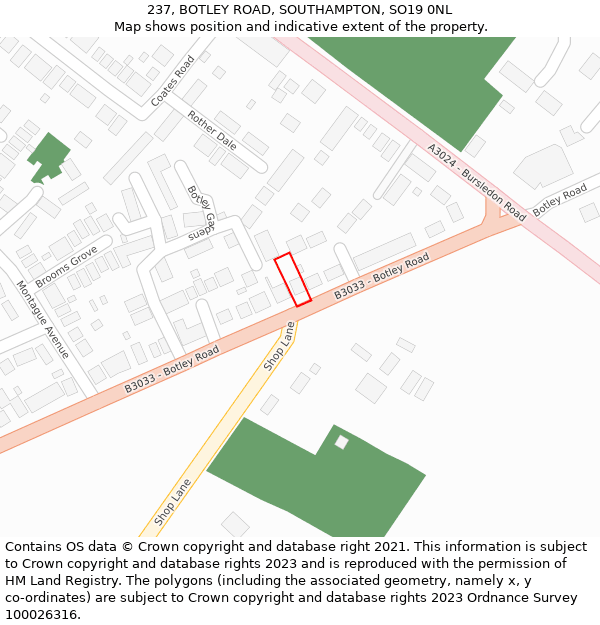 237, BOTLEY ROAD, SOUTHAMPTON, SO19 0NL: Location map and indicative extent of plot