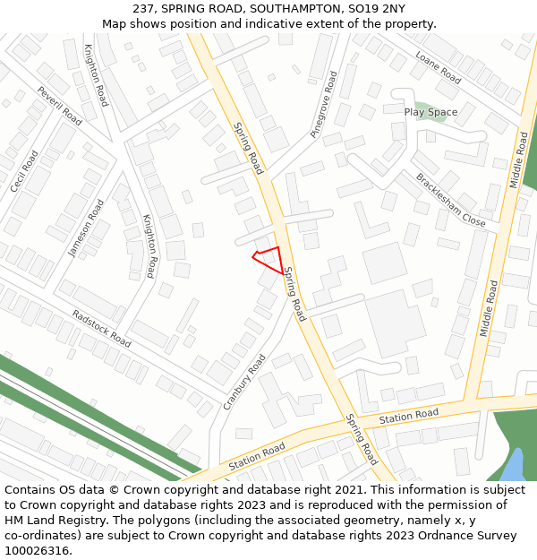 237, SPRING ROAD, SOUTHAMPTON, SO19 2NY: Location map and indicative extent of plot