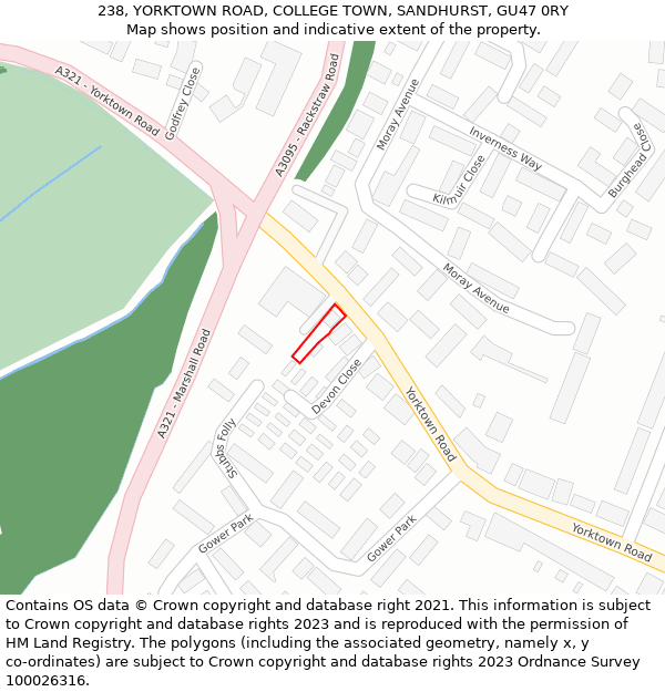 238, YORKTOWN ROAD, COLLEGE TOWN, SANDHURST, GU47 0RY: Location map and indicative extent of plot