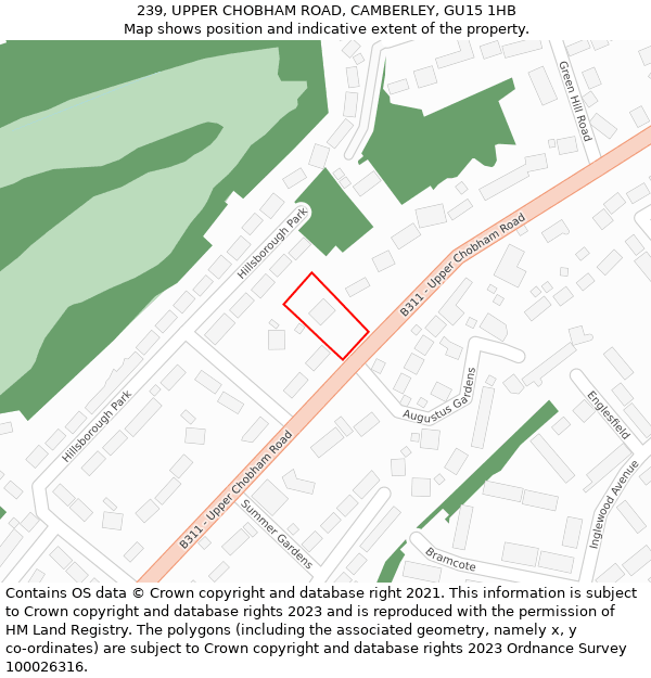 239, UPPER CHOBHAM ROAD, CAMBERLEY, GU15 1HB: Location map and indicative extent of plot