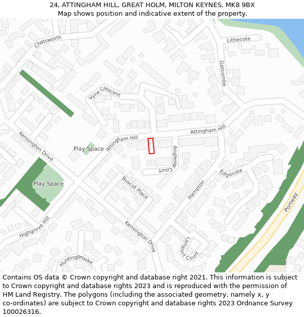 24, ATTINGHAM HILL, GREAT HOLM, MILTON KEYNES, MK8 9BX: Location map and indicative extent of plot