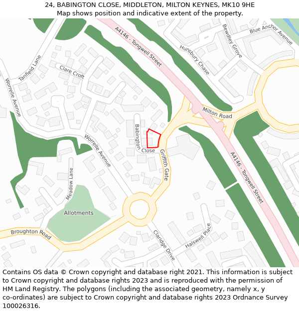 24, BABINGTON CLOSE, MIDDLETON, MILTON KEYNES, MK10 9HE: Location map and indicative extent of plot