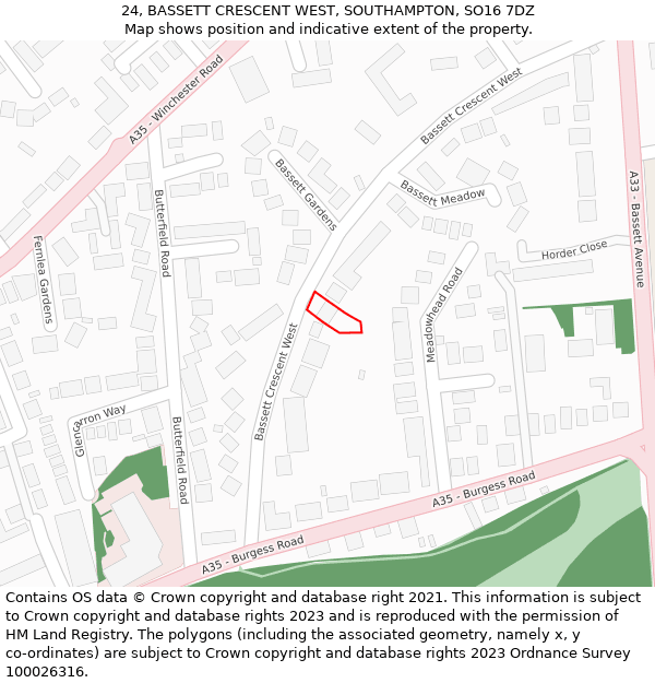 24, BASSETT CRESCENT WEST, SOUTHAMPTON, SO16 7DZ: Location map and indicative extent of plot