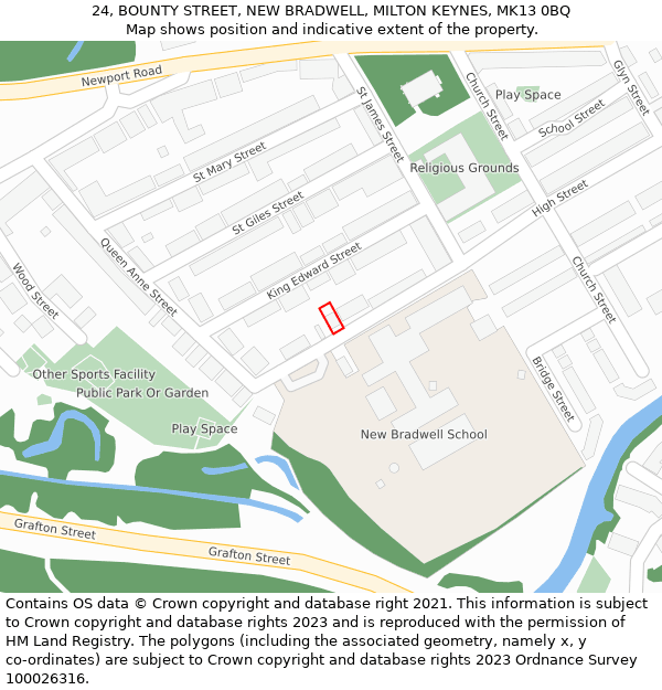 24, BOUNTY STREET, NEW BRADWELL, MILTON KEYNES, MK13 0BQ: Location map and indicative extent of plot