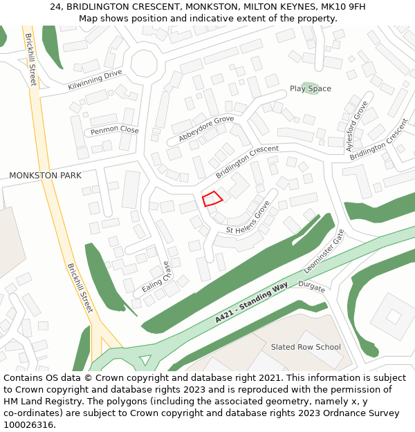 24, BRIDLINGTON CRESCENT, MONKSTON, MILTON KEYNES, MK10 9FH: Location map and indicative extent of plot