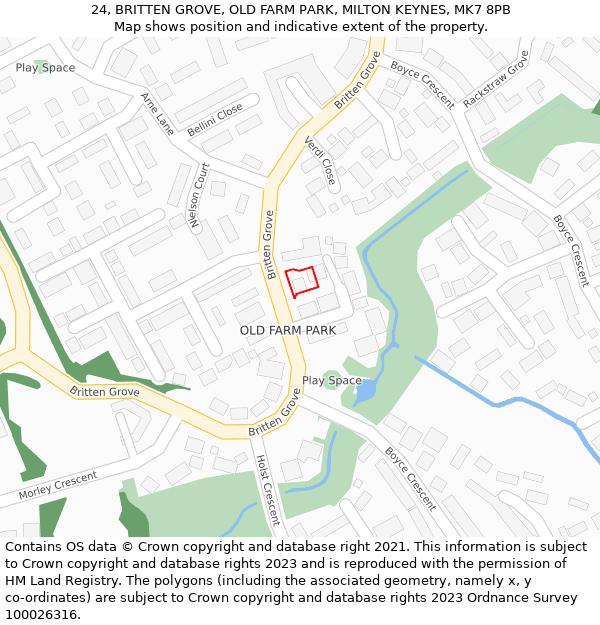 24, BRITTEN GROVE, OLD FARM PARK, MILTON KEYNES, MK7 8PB: Location map and indicative extent of plot