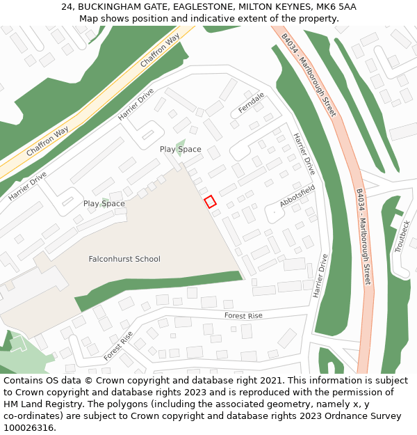 24, BUCKINGHAM GATE, EAGLESTONE, MILTON KEYNES, MK6 5AA: Location map and indicative extent of plot