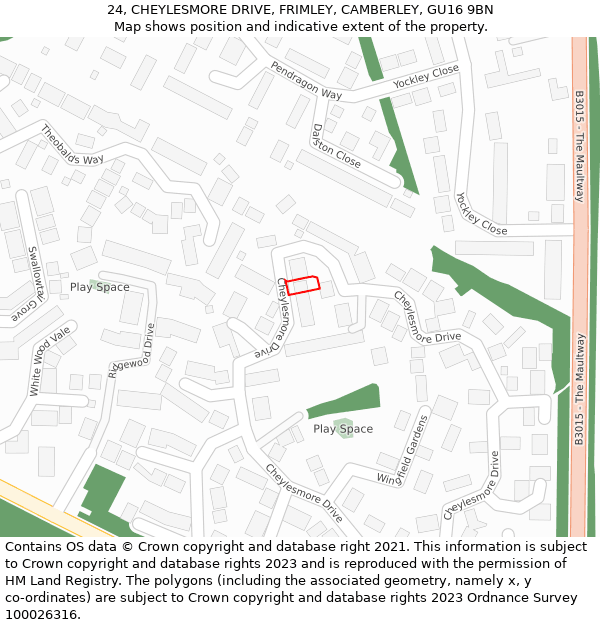 24, CHEYLESMORE DRIVE, FRIMLEY, CAMBERLEY, GU16 9BN: Location map and indicative extent of plot