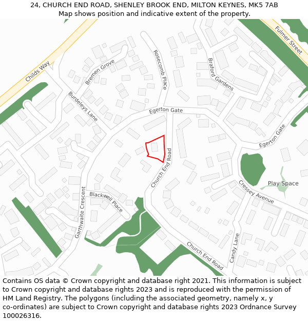 24, CHURCH END ROAD, SHENLEY BROOK END, MILTON KEYNES, MK5 7AB: Location map and indicative extent of plot
