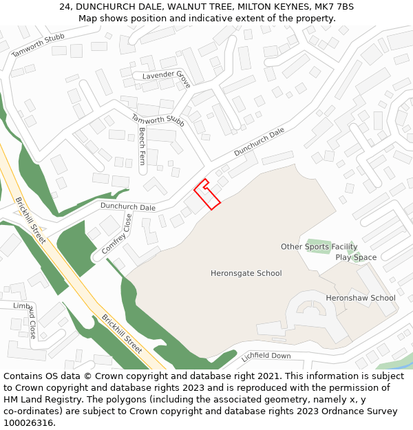24, DUNCHURCH DALE, WALNUT TREE, MILTON KEYNES, MK7 7BS: Location map and indicative extent of plot
