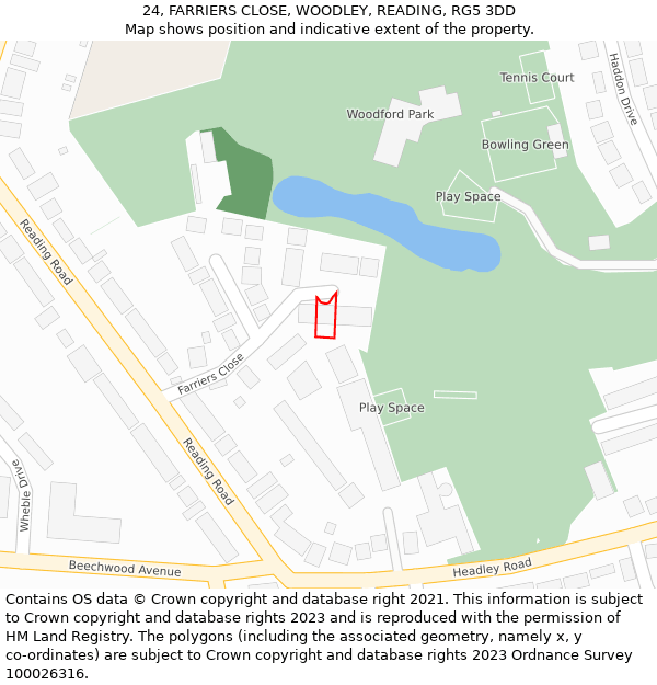 24, FARRIERS CLOSE, WOODLEY, READING, RG5 3DD: Location map and indicative extent of plot