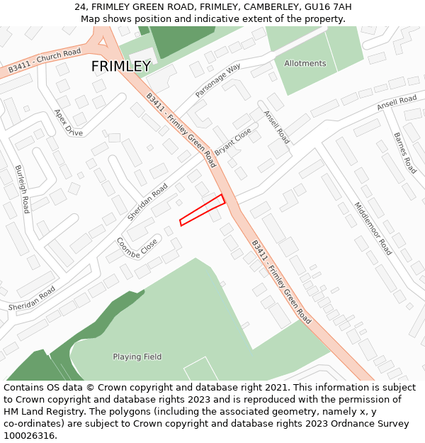 24, FRIMLEY GREEN ROAD, FRIMLEY, CAMBERLEY, GU16 7AH: Location map and indicative extent of plot