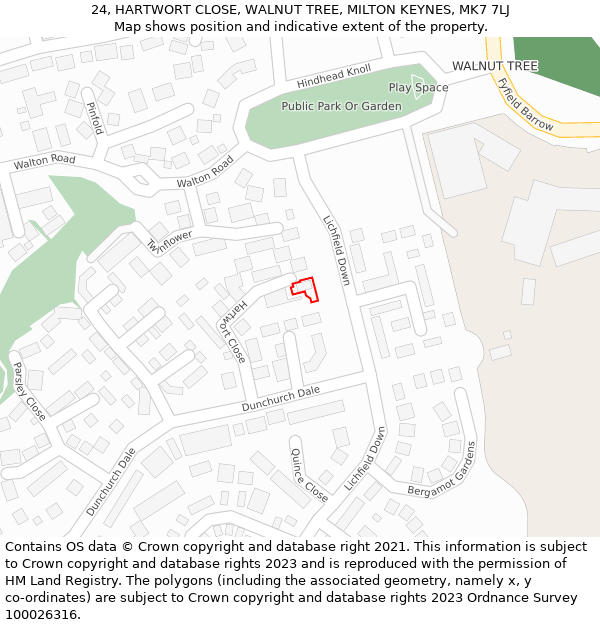 24, HARTWORT CLOSE, WALNUT TREE, MILTON KEYNES, MK7 7LJ: Location map and indicative extent of plot