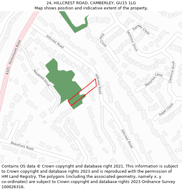 24, HILLCREST ROAD, CAMBERLEY, GU15 1LG: Location map and indicative extent of plot