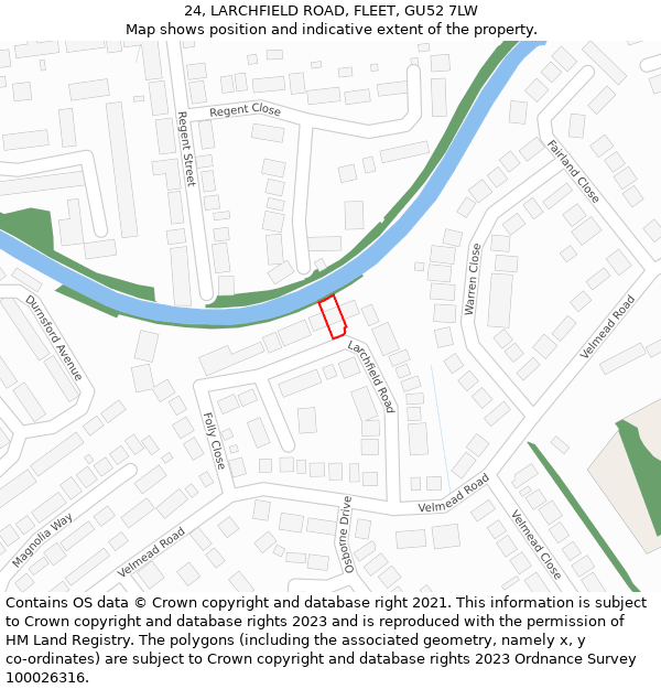 24, LARCHFIELD ROAD, FLEET, GU52 7LW: Location map and indicative extent of plot