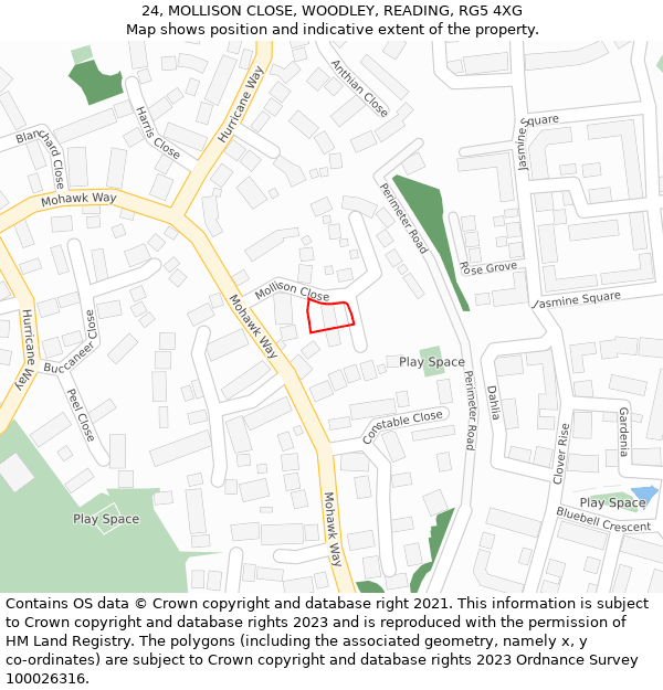 24, MOLLISON CLOSE, WOODLEY, READING, RG5 4XG: Location map and indicative extent of plot