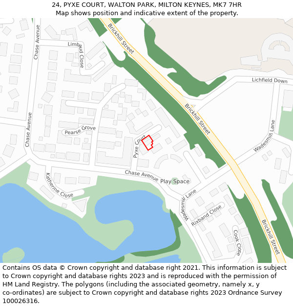 24, PYXE COURT, WALTON PARK, MILTON KEYNES, MK7 7HR: Location map and indicative extent of plot