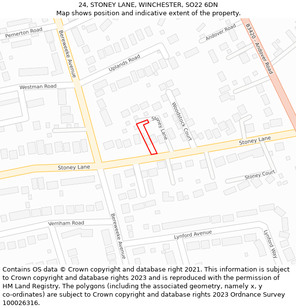 24, STONEY LANE, WINCHESTER, SO22 6DN: Location map and indicative extent of plot