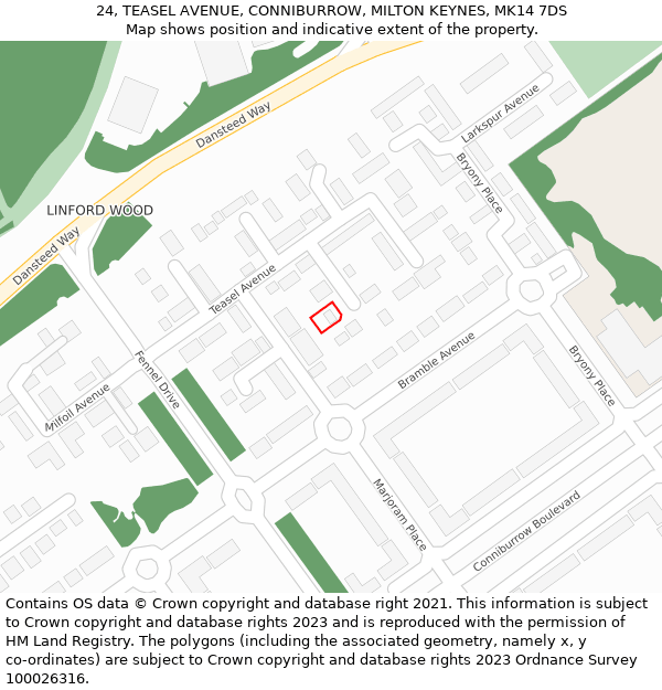 24, TEASEL AVENUE, CONNIBURROW, MILTON KEYNES, MK14 7DS: Location map and indicative extent of plot