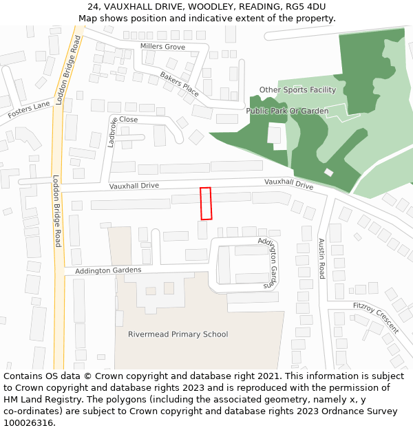 24, VAUXHALL DRIVE, WOODLEY, READING, RG5 4DU: Location map and indicative extent of plot