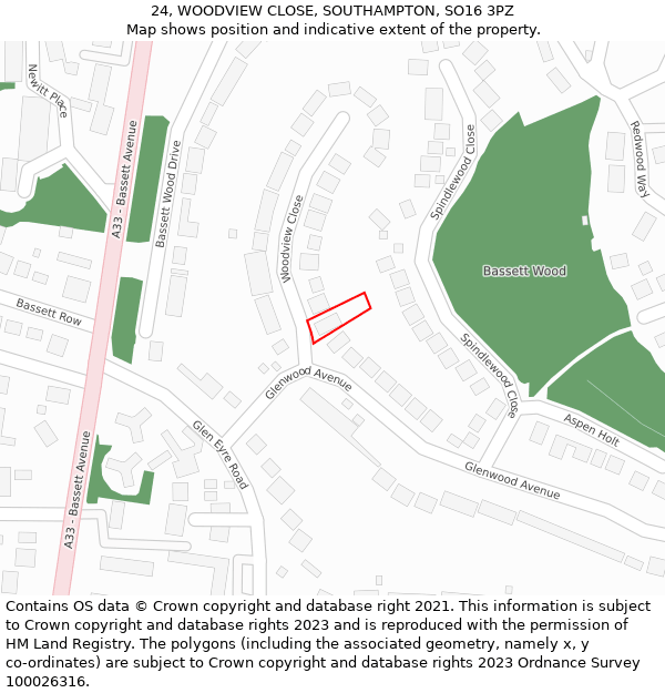 24, WOODVIEW CLOSE, SOUTHAMPTON, SO16 3PZ: Location map and indicative extent of plot