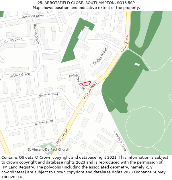 25, ABBOTSFIELD CLOSE, SOUTHAMPTON, SO16 5SP: Location map and indicative extent of plot