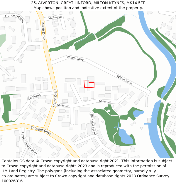 25, ALVERTON, GREAT LINFORD, MILTON KEYNES, MK14 5EF: Location map and indicative extent of plot