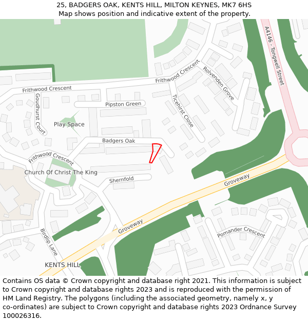 25, BADGERS OAK, KENTS HILL, MILTON KEYNES, MK7 6HS: Location map and indicative extent of plot