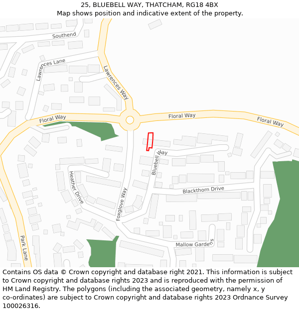 25, BLUEBELL WAY, THATCHAM, RG18 4BX: Location map and indicative extent of plot