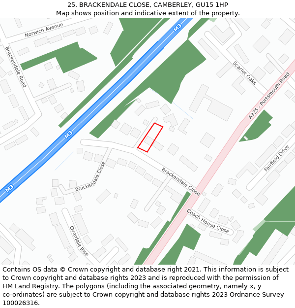 25, BRACKENDALE CLOSE, CAMBERLEY, GU15 1HP: Location map and indicative extent of plot