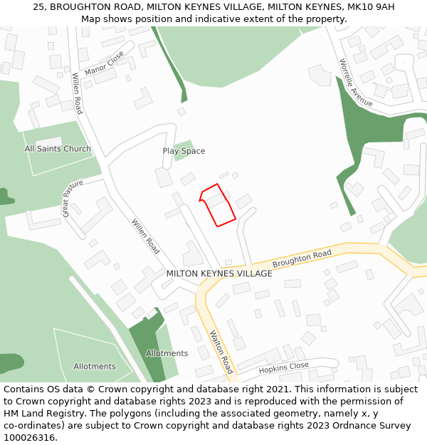 25, BROUGHTON ROAD, MILTON KEYNES VILLAGE, MILTON KEYNES, MK10 9AH: Location map and indicative extent of plot